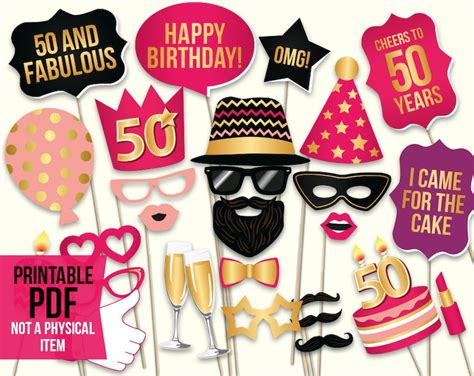 50th Birthday Photo Booth Props Printable Pdf Hot Pink And Etsy