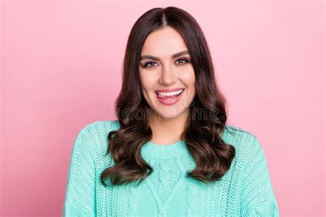 Photo Of Cute Brunette Millennial Lady Stick Tongue Wear Teal Sweater Isolated On Pink Color