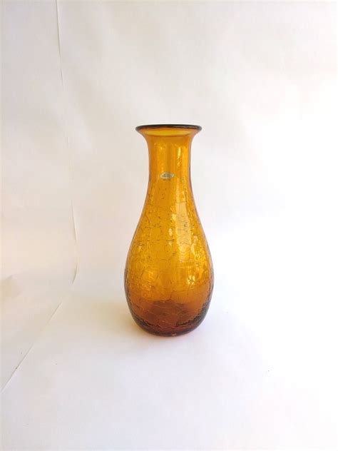 Vintage Blenko Amber Crackle Glass Vase 1960s Decorative Glass Etsy Glass Decor Crackle