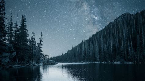 Hd Wallpaper Night Landscape Lake Trees Starry Sky