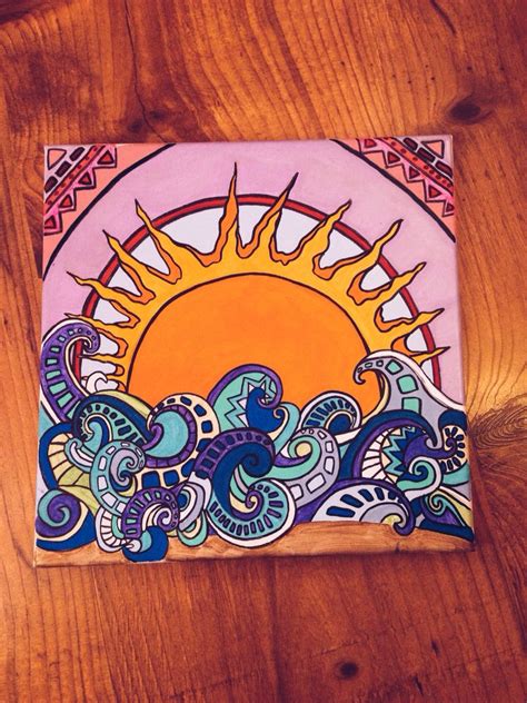 The bright colours and patterns will rejuvenate you each time you look at it. Sunrise over ocean canvas painting | Hippie art, Art ...