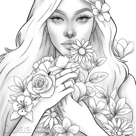 Printable Coloring Page Fantasy Floral Girl Portrait Etsy