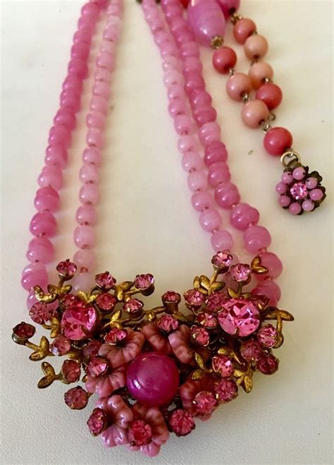 Vintage Signed Miriam Haskell Pink Art Glass Beaded Necklace