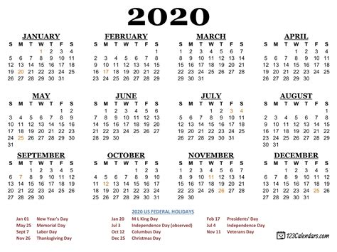 2020 Free Year Printable Calendars Without Downloading