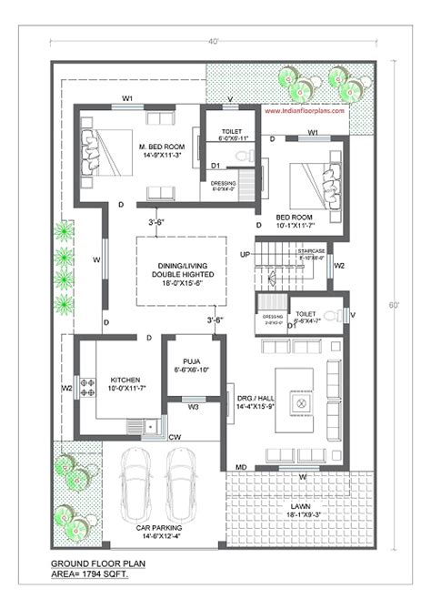 40x60 House Plan Ideas With Open Terrace Indian Floor Plans
