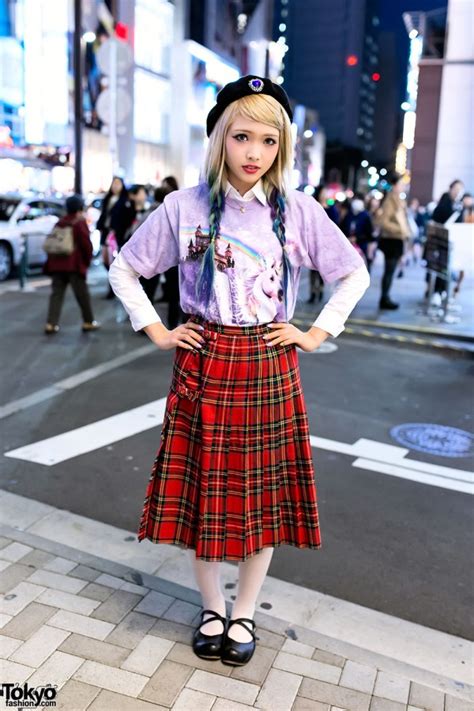 Ezaki Nanaho In Harajuku W Blue Ombre Hair Unicorn Top And Plaid Skirt Tokyo Fashion