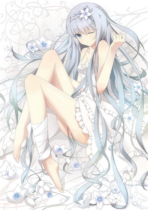 4k Free Download Original Characters Gray Hair Long Hair White Dress Flowers Cleavage
