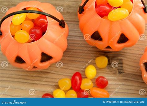 Halloween Pumpkin Baskets Full Of Candies Stock Photo Image Of Autumn