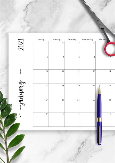 Download Printable Simple Monthly Calendar Horizontal Pdf Printable