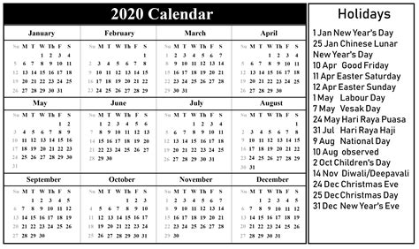 Printable 2020 Calendar With Holidays Holiday Calendar Holiday