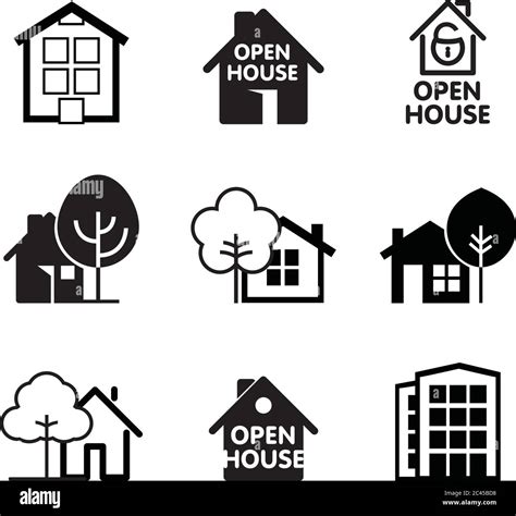 Set Of House Icons Buildings Line Icons With Tree Vector Illustration