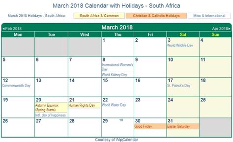 South Africa 2018 March Holidays Calendar Calendar Calendar