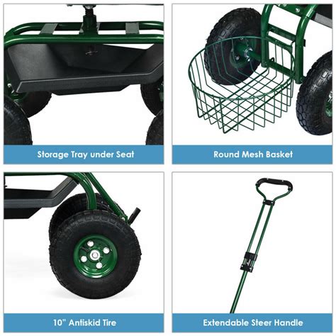 Heavy Duty Garden Cart With Tool Tray And 360 Swivel Seat Costway