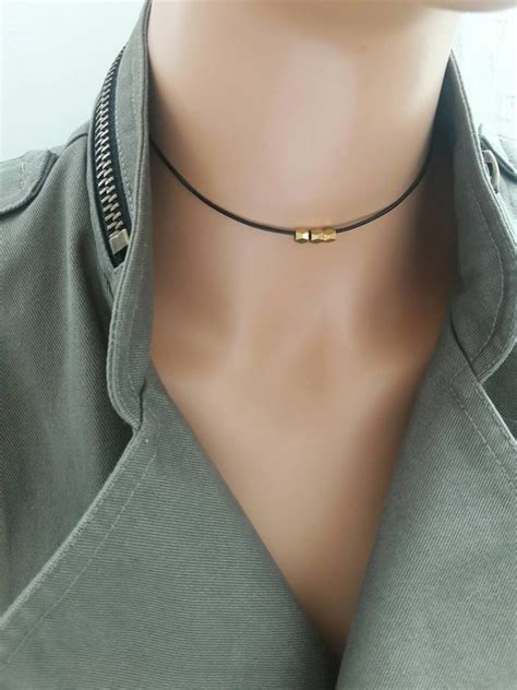 Black Leather Chokergold Beaded Choker Necklacefaceted Bead Etsy