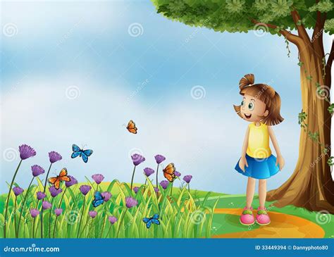 A Happy Girl At The Hilltop With A Garden Stock Vector Illustration