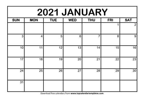 Free Download Calendar January 2021 Free Printable Blank Monthly