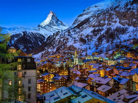 Lighted Matterhorn Village In Swiss Alps On Winter Night Full Hd