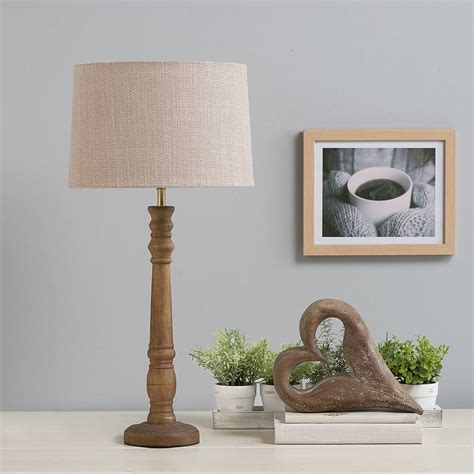 Turned Wooden Table Lamp With Natural Linen Lampshade By Primrose