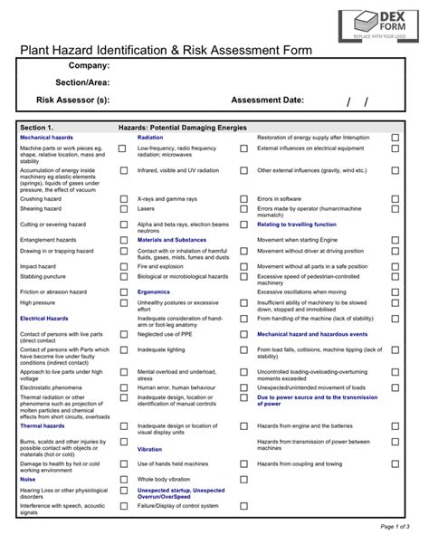 Plant Hazard Identification And Risk Assessment Form In Word Free