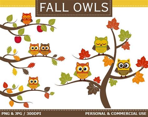 Digital Fall Owls Clip Art Autumn Fall Leaves Tree Apples Etsy Owl