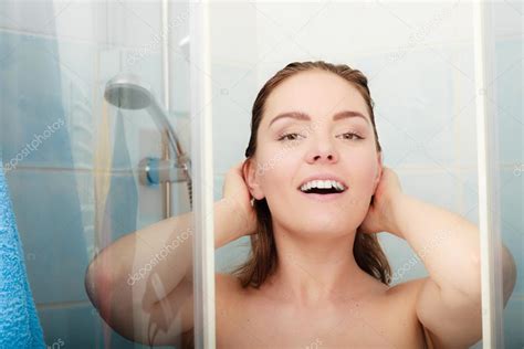 Girl Showering In Shower Cabin Stock Photo Voyagerix 90317460