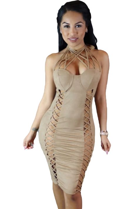 Cfanny 2016 New Women S Sexy Sassy Nude Suede Caged Design Dress Fashion Summer Backless Bandage