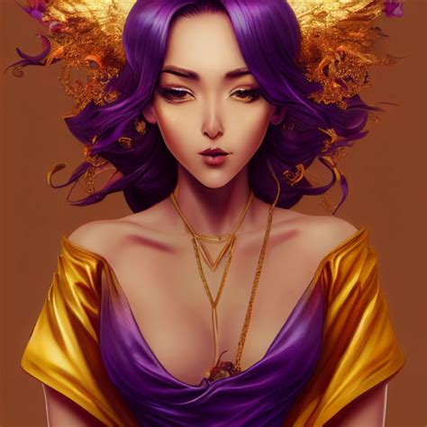 A Beautiful Anime Woman With Purple Hair And A Gold Midjourney OpenArt