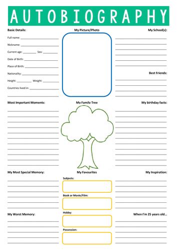 Autobiography Profile Worksheet A3 Size Teaching Resources