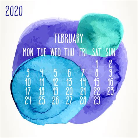 February Year 2020 Watercolor Paint Monthly Calendar Stock Vector