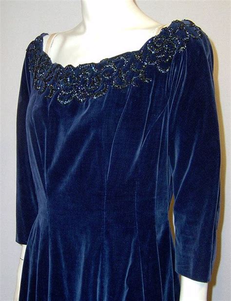 Vintage Dark Blue Cotton Velvet Dress Medium Large Etsy Velvet