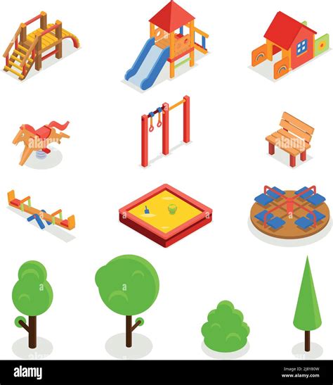 Kids Isometric 3d Playground Icon Set Bench Carousel Slide Swing