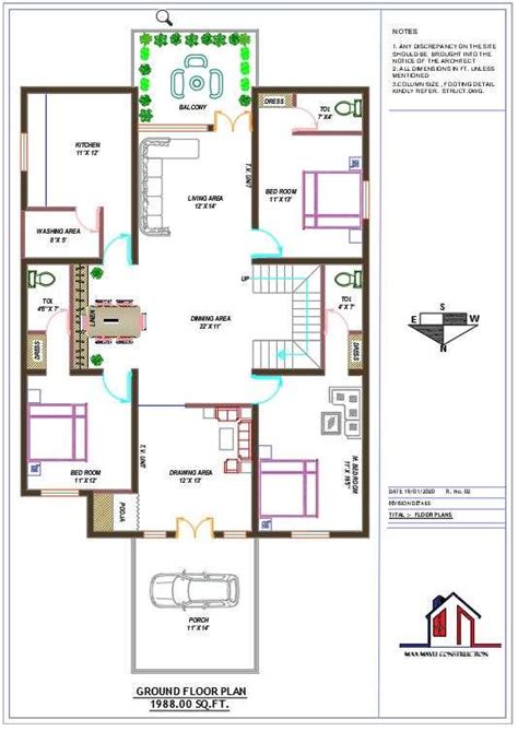 North Facing 3 Bhk House Plan Drawing Download Dwg File Cadbull