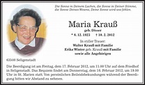 Traueranzeigen von Maria Krauß | trauer.op-online.de