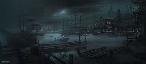 Thief Docks Nicolas Ferrand Fantasy Landscape Dock Art Night Art