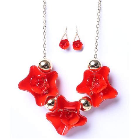 Rockabilly Red Rose Acrylic Dangle Earring And Necklace Set 13 Liked