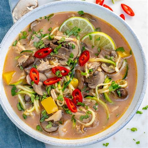 A deliciously light and zingy chicken noodle salad with gorgeous fresh herbs and zingy chilli. Thai Chicken Soup with Zucchini Noodles | Recipe in 2020 ...