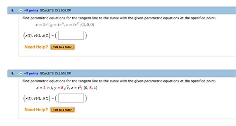Solved Find Parametric Equations For The Tangent Line To The