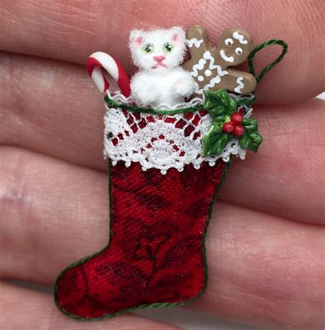 Ooak Miniature Dollhouse Christmas Cat Stocking Handcrafted White Fur