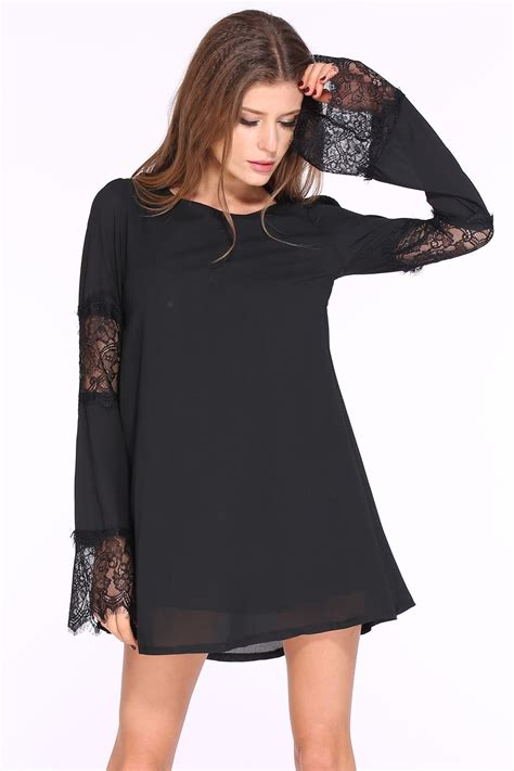 Black Long Sleeve Contrast Lace Loose Dress Sheinsheinside