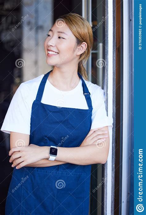 Open Waitress Staff Wearing Protection Face Mask Apron Turning Open Sign Board On Glass Door