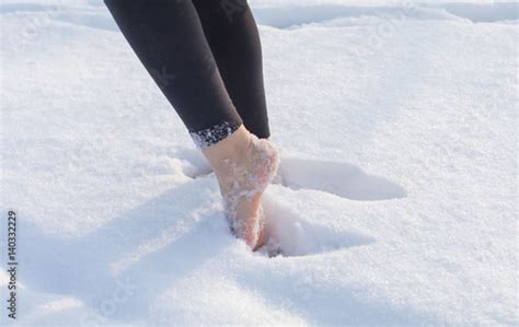 Girl Barefoot On White Cold Snow In Winter Quenching Tempering Harding