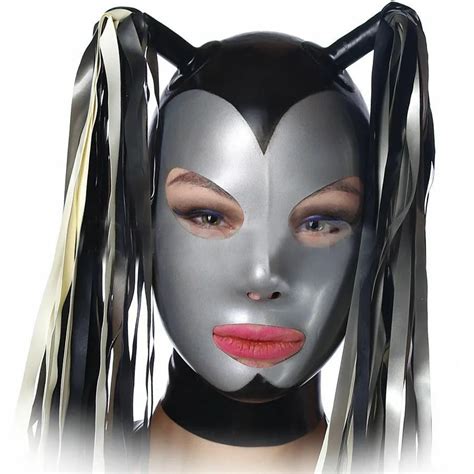 Sexy Latex Hood Rubber Mask With Tails For Catsuit Unisex Party Wear Bdsm Collar Bdsm Bondage