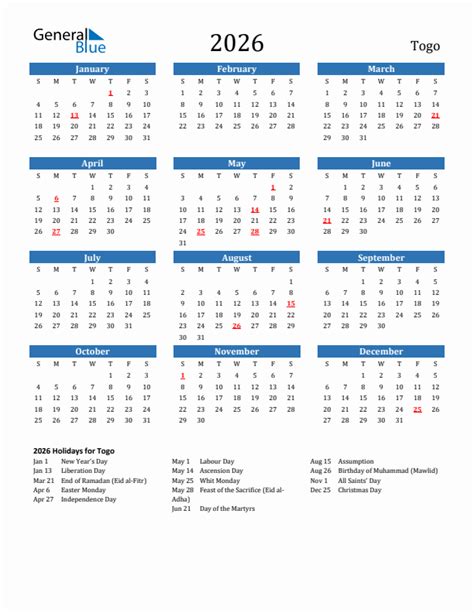 2026 Togo Calendar With Holidays