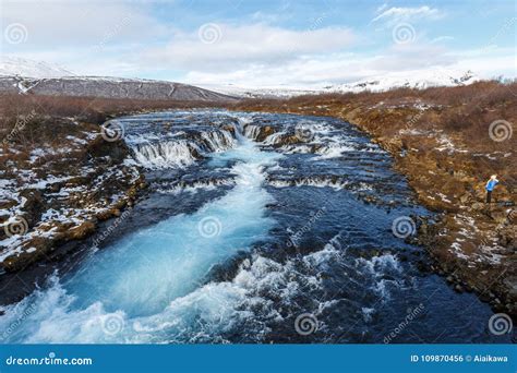 Blue Water Fall Along Riverbruarfoss Waterfall Stock Photo Image Of