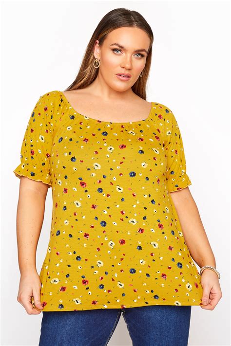 Mustard Bright Floral Scoop Neck Top Yours Clothing