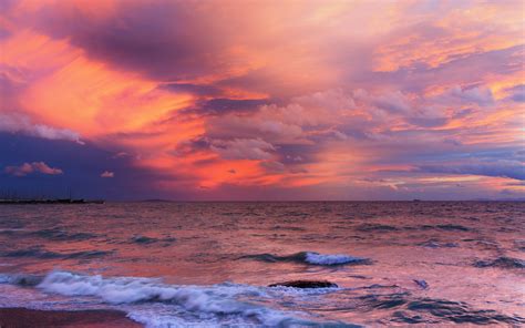 Nature Beaches Ocean Sea Waves Sky Sunset Sunrise Wallpapers Hd