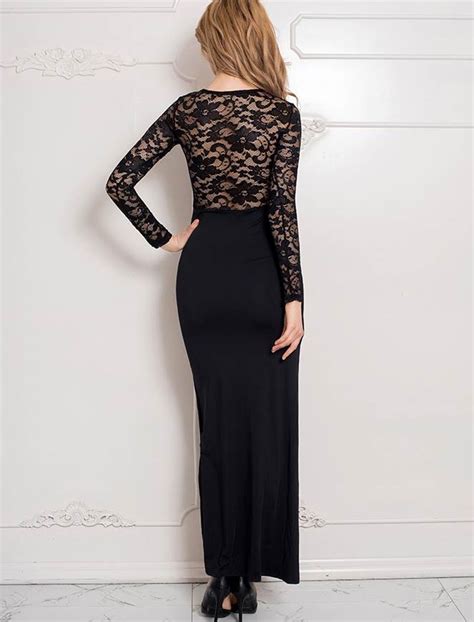 Us73 Long Sleeve Black Lace Evening Dress