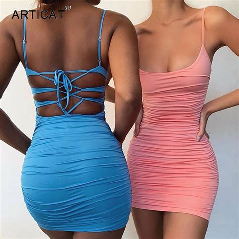 Articat Sexy Bandage Backless Dress Women Spaghetti Strap Lace Up Ruched Mini Dresses Woman 2020