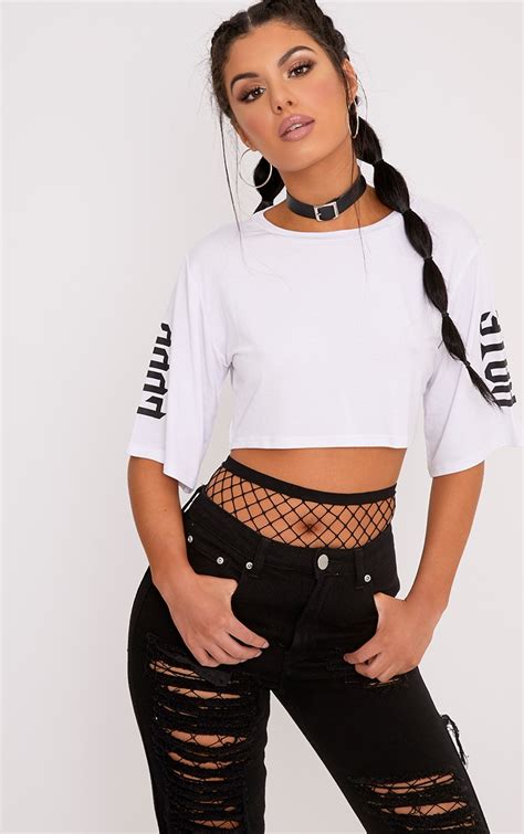 love andhate white wide sleeve crop t shirt tops prettylittlething