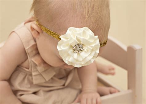 Gold Baby Headband White Flower Headband Flower Girl Glitter Baby